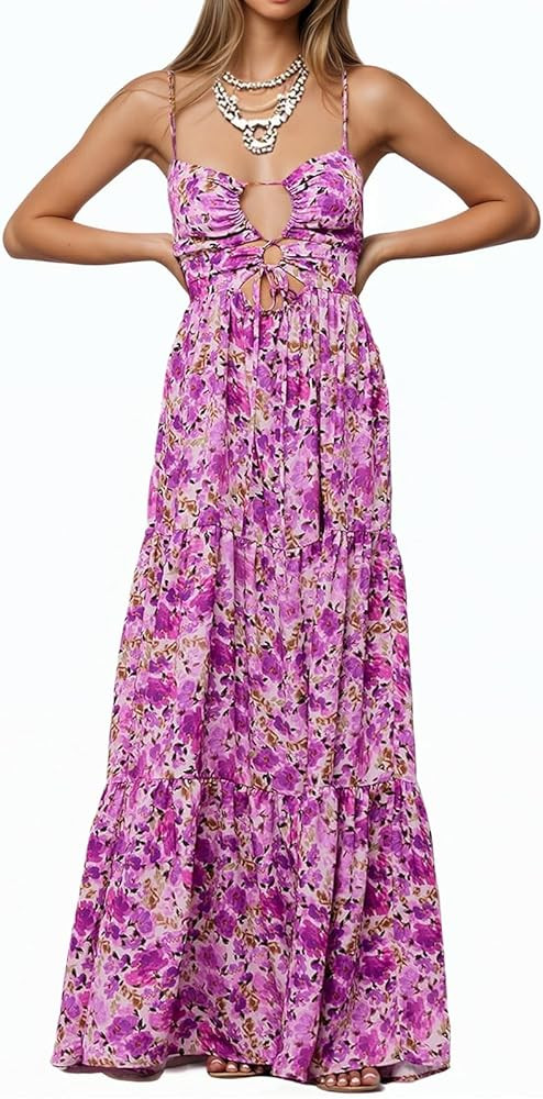 Womens Summer Floral Spaghetti Strap Backless Low Cut Smocked Milkmaid Flowy Beach Sundresses | Amazon (US)