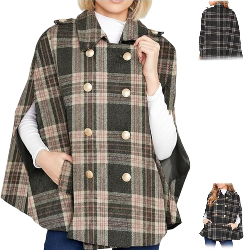 Women's Plaid Winter Cape Coat, Womens Plaid Jacket Double Breasted Winter Cape Coats, Stylish Ou... | Amazon (US)