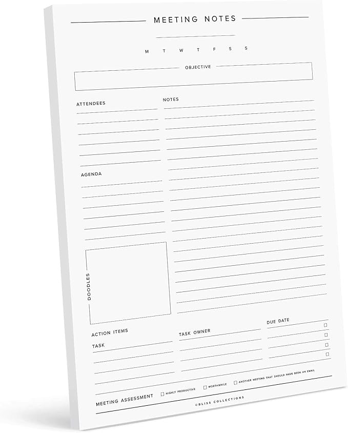 Bliss Collections Meeting Notes, Minimalist, Daily Undated Notepad to Keep Track of Attendees, Ag... | Amazon (US)