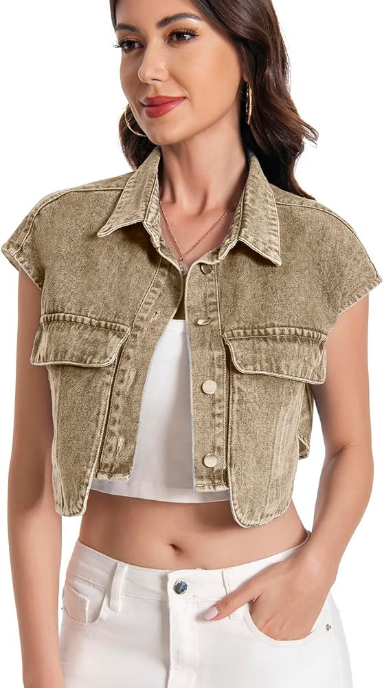 Women Cropped Denim Shirt Summer Jean Stylish Button Down Collared Cute Sleeveless Top with Pocke... | Amazon (US)