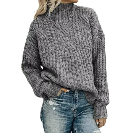Cindysus Women Casual Cable Knit Sweater Long Sleeve Mock Neck Pullover Solid Color Knitwear Jumper  | Walmart (US)