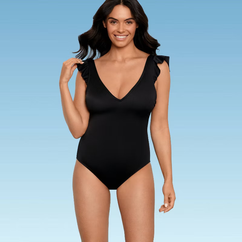 Women's Slimming Control Ruffle Sleeve One Piece Swimsuit - Beach Betty by Miracle Brands Black | Target