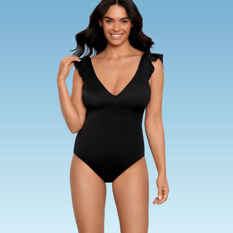 Women's Slimming Control Ruffle Sleeve One Piece Swimsuit - Beach Betty by Miracle Brands Black | Target