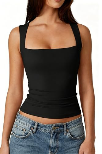 QINSEN Women's Square Neck Sleeveless Double-Layer Tank Tops Basic Tight T Shirts Black M | Amazon (US)