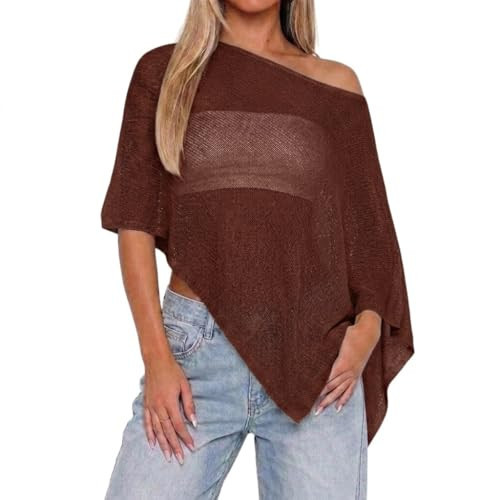 Womens Sheer Poncho Tops Lightweight Knitted Shrug Crochet Mesh Cover Up Summer Beach Shawl (Brown, S) | Amazon (US)