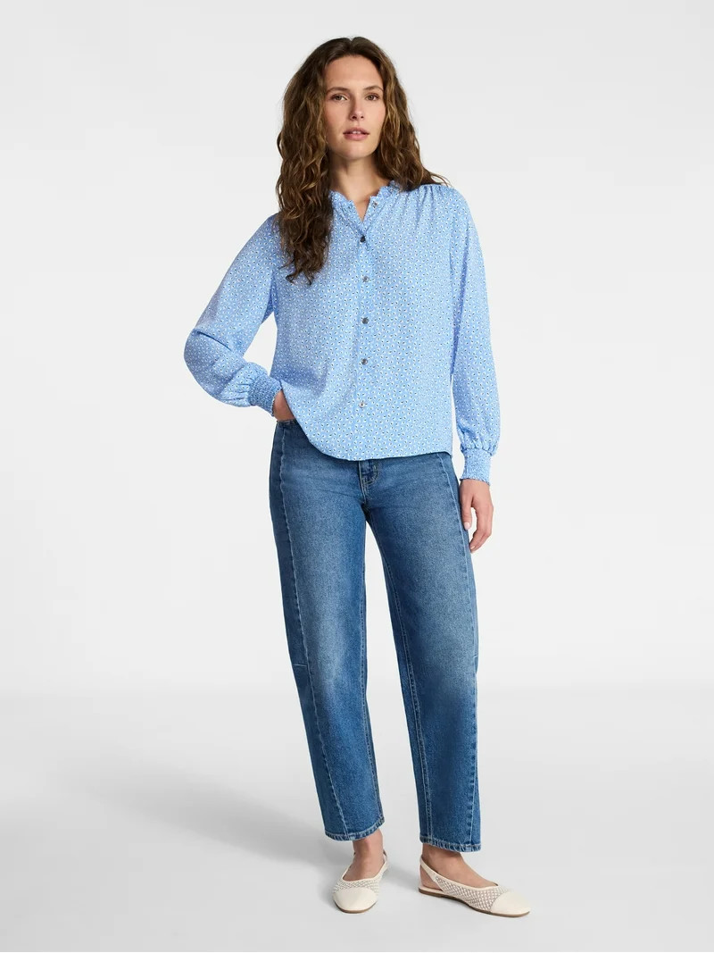Time and Tru Women's Ruffle Button Down Blouse with Long Sleeves, Sizes XS-XXXL | Walmart (US)