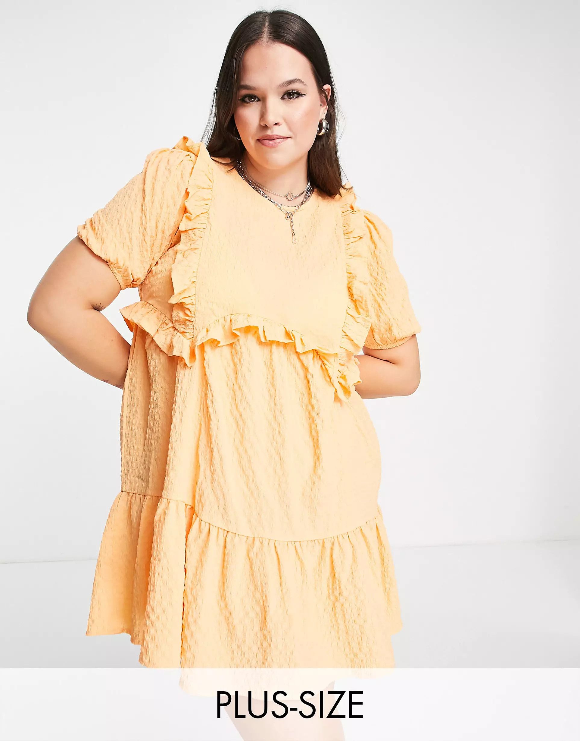 Neon Rose Plus ruffle front smock dress in textured apricot | ASOS (Global)