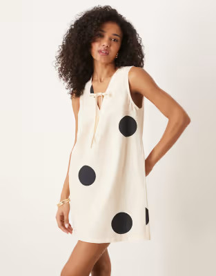 ASOS DESIGN linen blend tie front mini dress in polka dot | ASOS (Global)