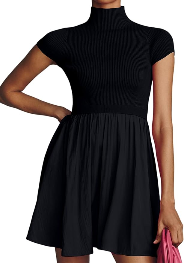 Meladyan Women’s Patchwork Mock Neck Dress Short Sleeve Pleated Knitted Swing Dress Elegant Sol... | Amazon (US)