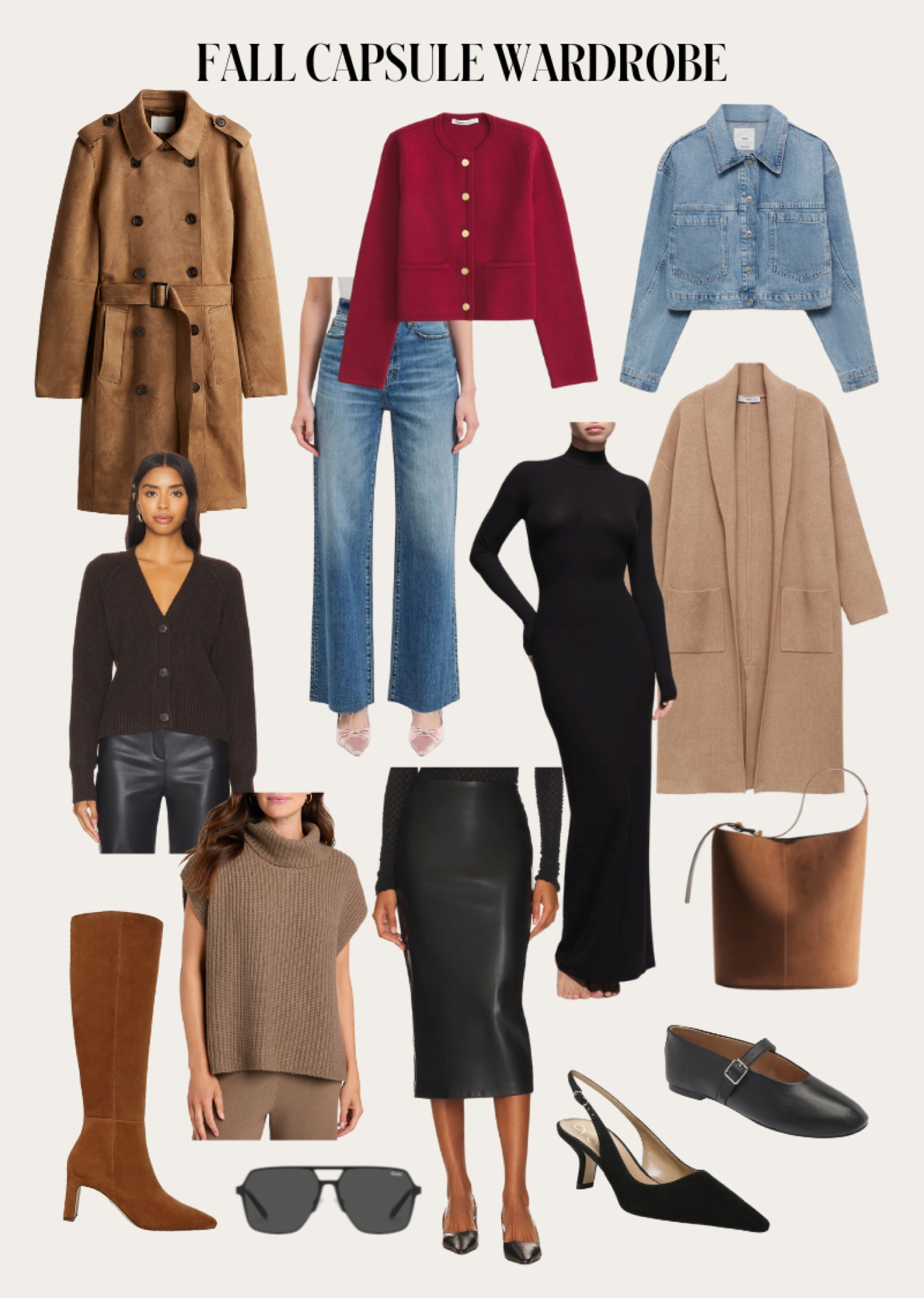 Fall capsule wardrobe / fall outfit ideas featuring suede jacket, denim jacket, burgundy cardigan, suede boots, ballet flats, knit maxi dress and wide leg jeans 



#LTKFindsUnder100 #LTKStyleTip #LTKSeasonal