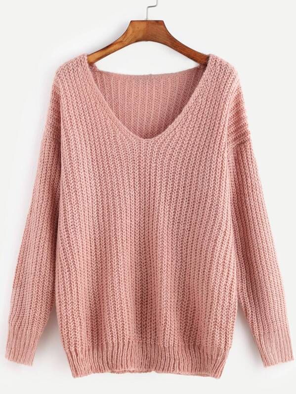 Pink Ribbed Knit V Neck Drop Shoulder Sweater | SHEIN
