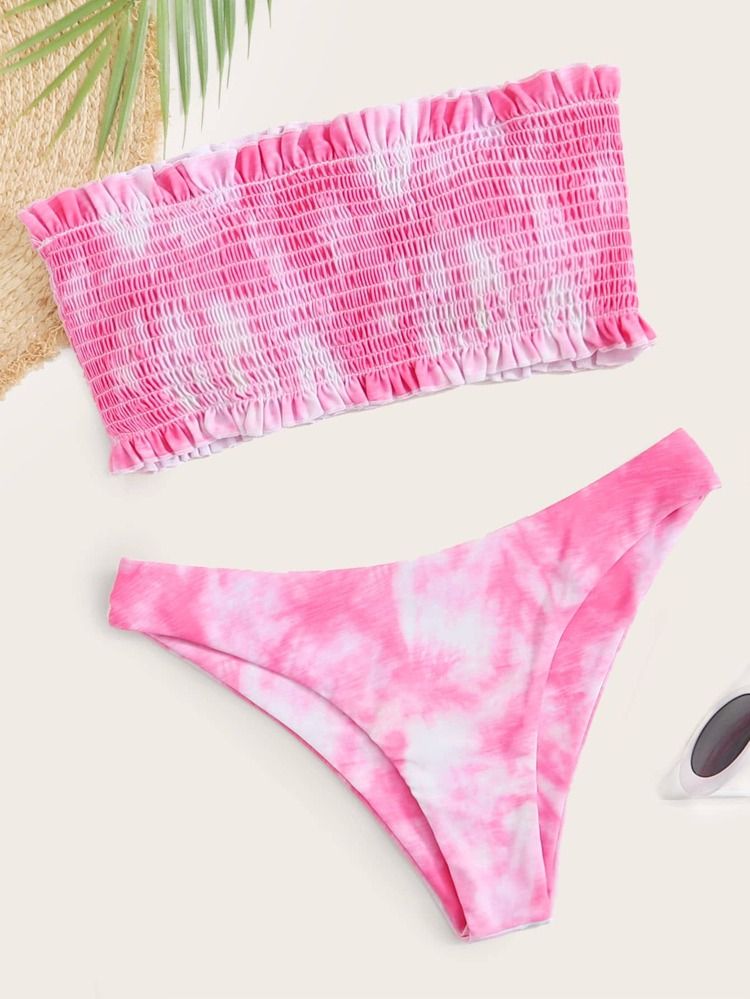 Tie Dye Smocked Frill Bandeau Bikini Swimsuit | SHEIN