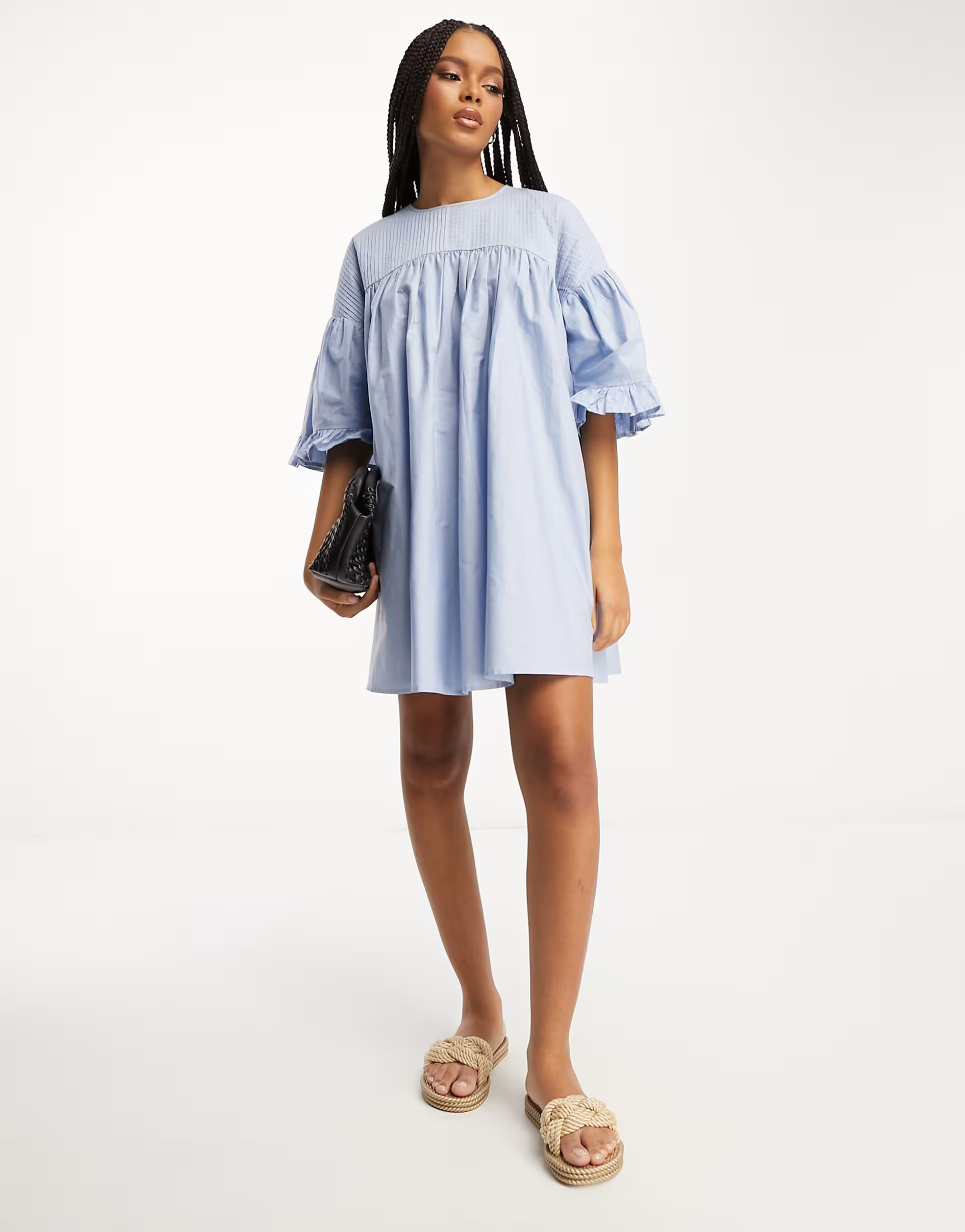 ASOS DESIGN cotton pintuck puff sleeve mini smock dress in blue | ASOS (Global)