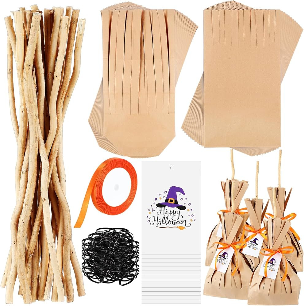 Watersay 24 Set Halloween Treats Bags DIY Witch Broom Bag with Orange Ribbon Goody Gags Candy Gif... | Amazon (US)