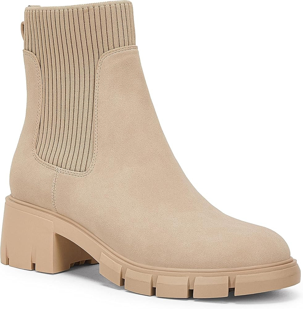 Womens Lug Sole Platform Ankle Boots Elastic Chunky Block Heel Non-Slip Combat Comfortable Chelsea B | Amazon (US)