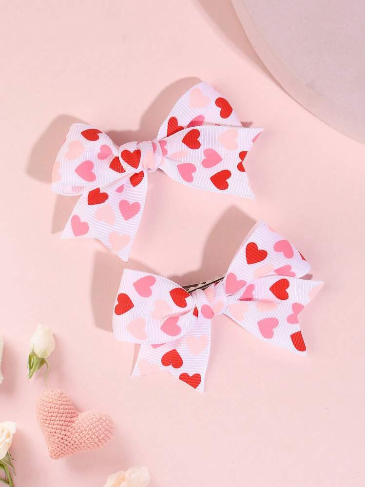 2pcs Children Valentine's Day Heart & Bow Hair Clips, White | SHEIN