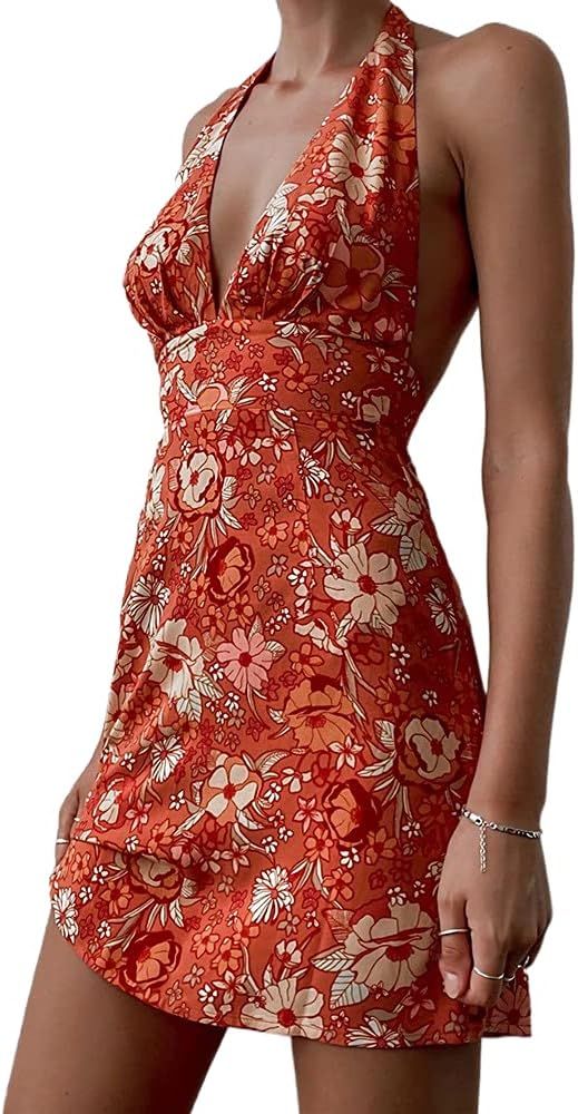Women Cutout Mini Dress Y2K Sexy Floral V Neck Halter Bodycon Dress Backless A-Line Hip Dress Sum... | Amazon (US)