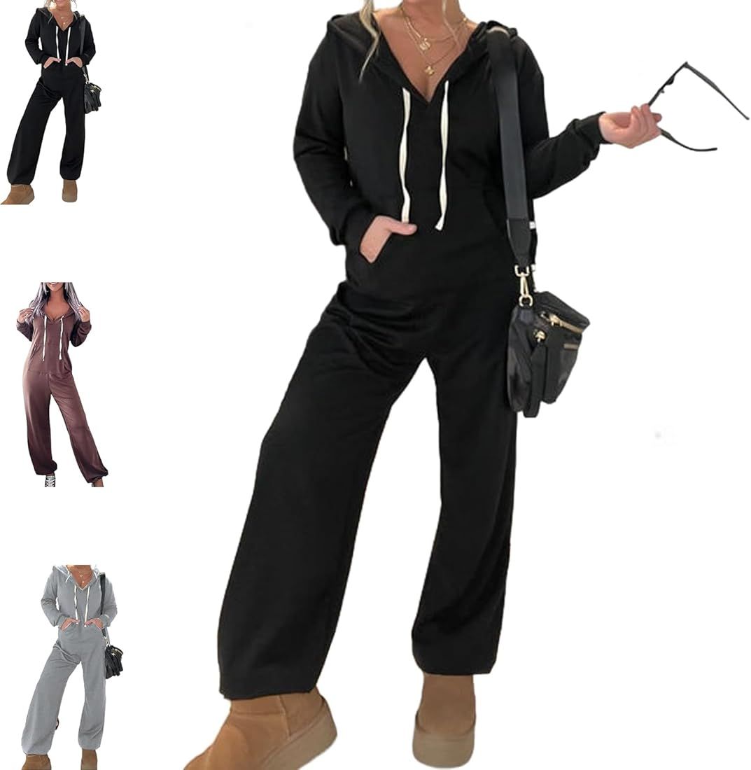 Cozy Days French Terry Jumpsuit, French Terry Jumpsuit Women, Long Sleeve Hooded Jumpsuit with Po... | Amazon (US)