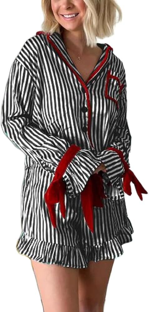 Women Christmas 2 Piece Pajamas Set Y2k Bow Tie Long Sleeve Shirt Wide Leg Pants Cute Print Match... | Amazon (US)