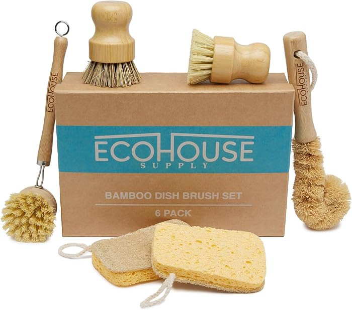 ECOHOUSE SUPPLY\u2122 Bamboo Dish Brush Set \u2013 6-Piece Natural Fiber Kitchen Brush Set with L... | Amazon (US)