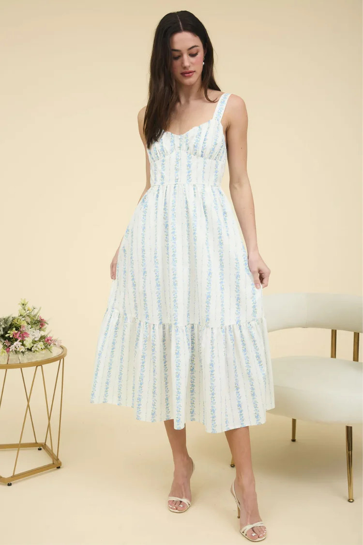 Avignon Blue and White Floral Stripe Midi Dress | Confête