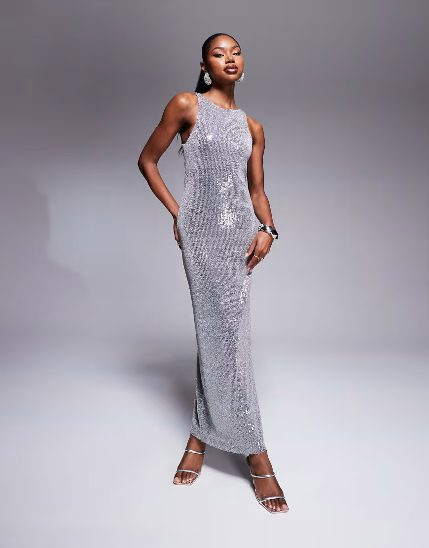 Rare London sleeveless sequin maxi dress in silver | ASOS (Global)