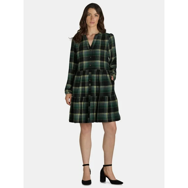 Time And Tru Women's and Women's Plus Tiered Plaid Shirt Dress, Sizes XS-4X | Walmart (US)