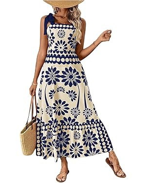 Floerns Women's Vintage Sleeveless Tie Shoulder Sundress Floral Print Cami Maxi Dress | Amazon (US)