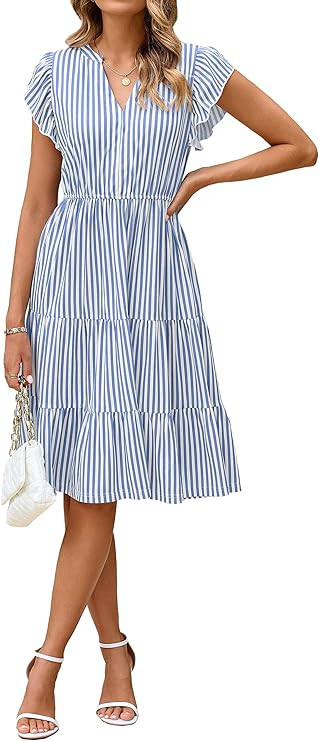 Glamaker Floral Tiered Midi Sundress Casual Summer V Neck Flutter Sleeve Striped Sun Dress with P... | Amazon (US)