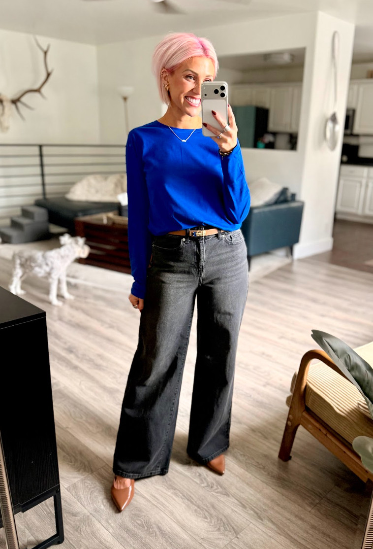 Loving this line so much and this cobalt blue is gorgeous! Top: Medium // Pants: 4 // Shoes: TTS 

 #LTKootd #LTKSaleAlert