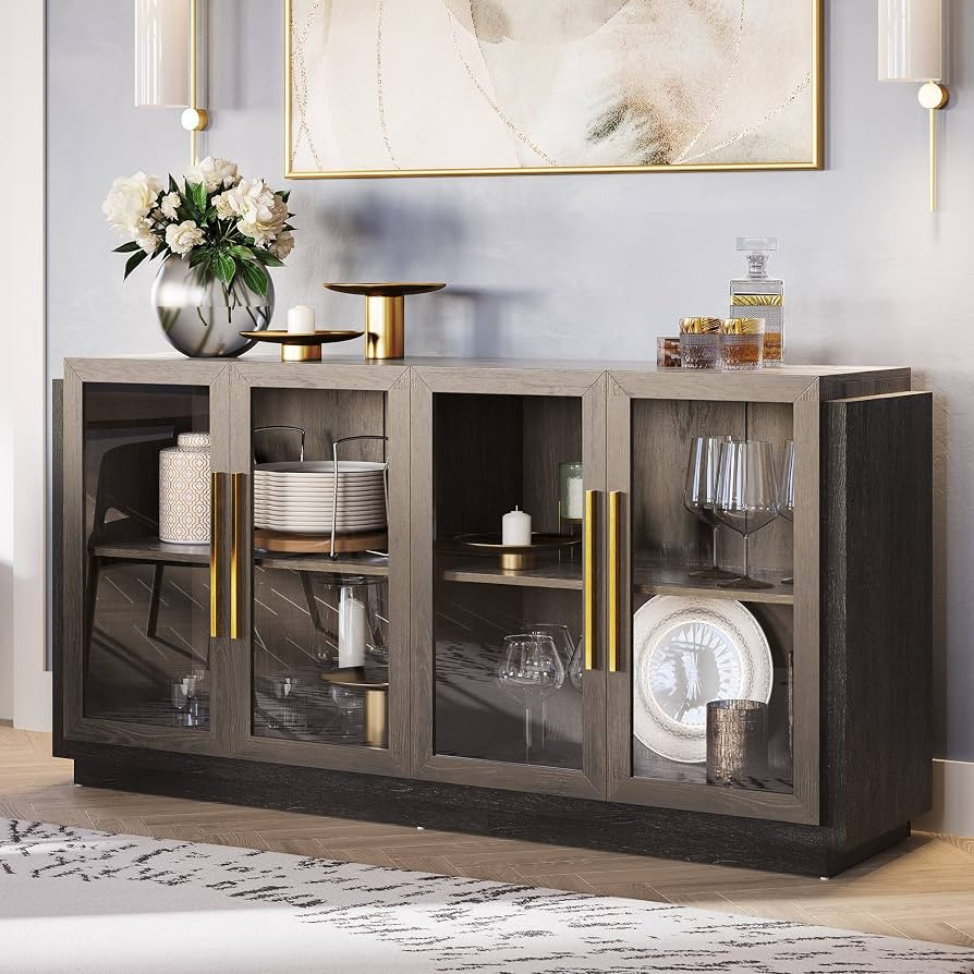 BELLEZE Sideboard Buffet Cabinet, Modern Wood Glass-Buffet-Sideboard with Storage, Console Table ... | Amazon (US)