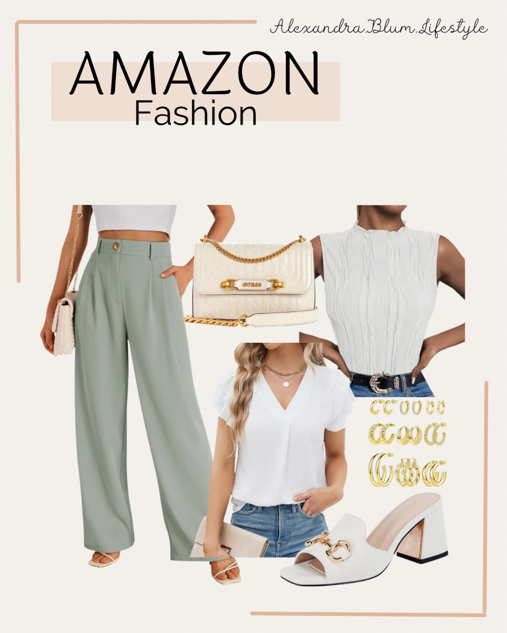 Amazon work outfit ideas! Business casual attire! Min green dress pants, white work tops and blouses, white low heel work shoes, and work purse bag!! gold earring set. Amazon fashion! Amazon trends! Spring work outfit! Spring outfit! 

#LTKfindsunder100 #LTKworkwear #LTKover40