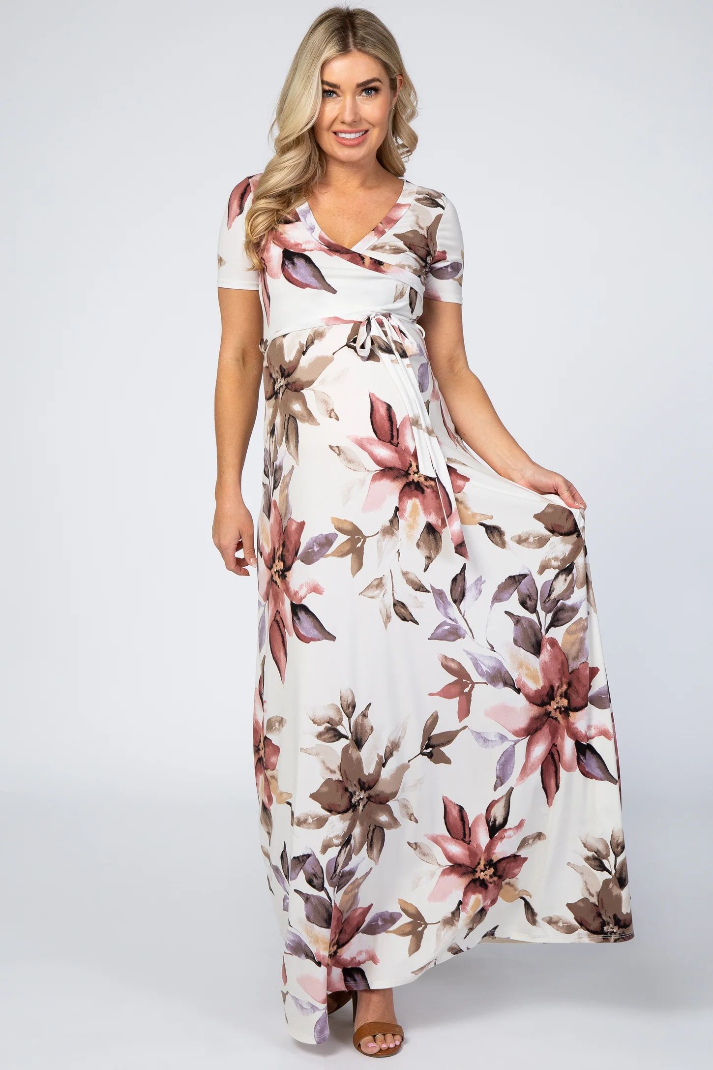 Cream Floral Waist Tie Wrap Maternity Maxi Dress | PinkBlush Maternity