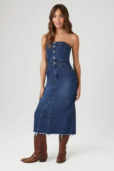 Button-Front Denim Tube Dress | Forever 21 (US)
