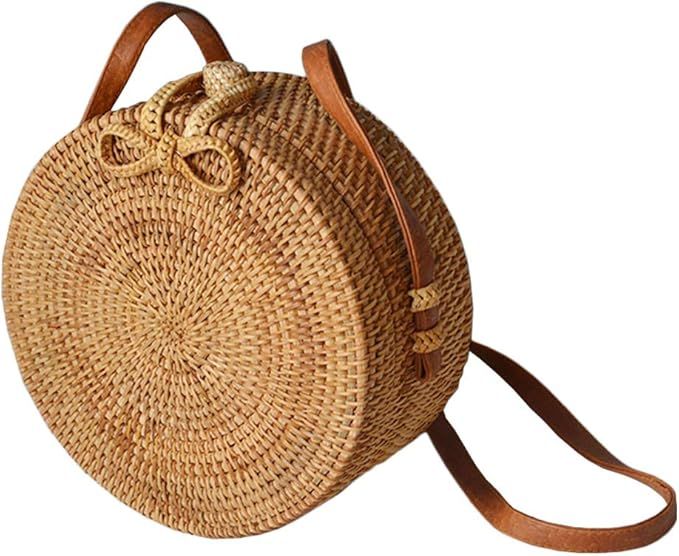 Handwoven Round Rattan Bag Shoulder Leather Straps Natural Chic Crossbody Bags | Amazon (CA)
