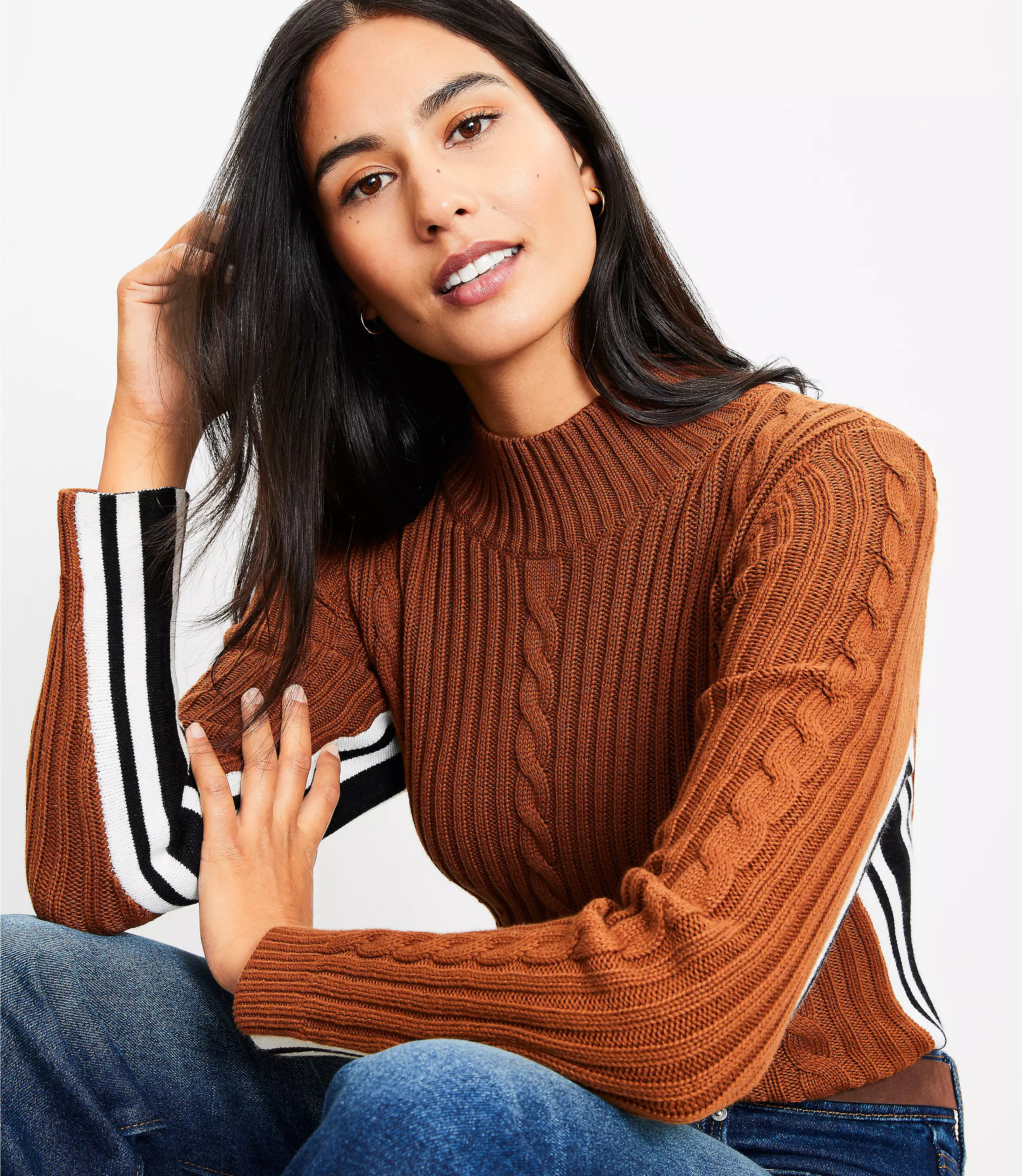 Side Striped Cable Mock Neck Sweater | LOFT