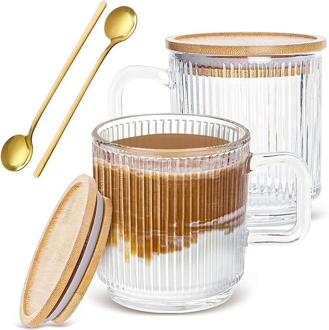 Set of 2 Glass Coffee Mugs with Bamboo Lids and Spoons, 12oz Vintage Ribbed Glassware for Latte, ... | Amazon (US)