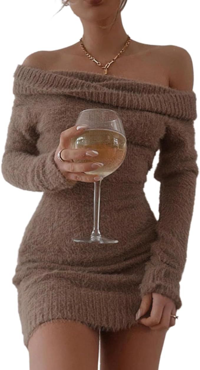 FAIRY SEASON Women's 2023 Fall Winter Off Shoulder Bodycon Sweater Dress Sexy Pullover Party Club... | Amazon (US)