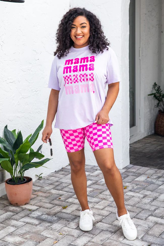 Mama Mama Repeat Checkered Lilac Oversized Graphic Tee | Pink Lily