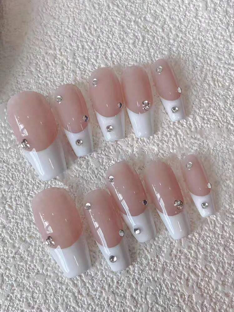 10Pcs Handmade Nail Art, Ballet French Simple High-Grade Sparkling Rhinestone Design Nail Art, White Texture Press Type Fake Nails, High-End Cool Nail Art, Unique Elegant High-End Nail Art, Luxury Minimalist Design Nail Art, Spring, Summer, Autumn, Winter Four Seasons Full Coverage Fake Nail With Jelly Glue And Nail File. Add To Your Festive Atmosphere. Nail Art For Daily Use, Suitable For Women And Girls, Detachable And Reusable. Nail Supplies Nails | SHEIN