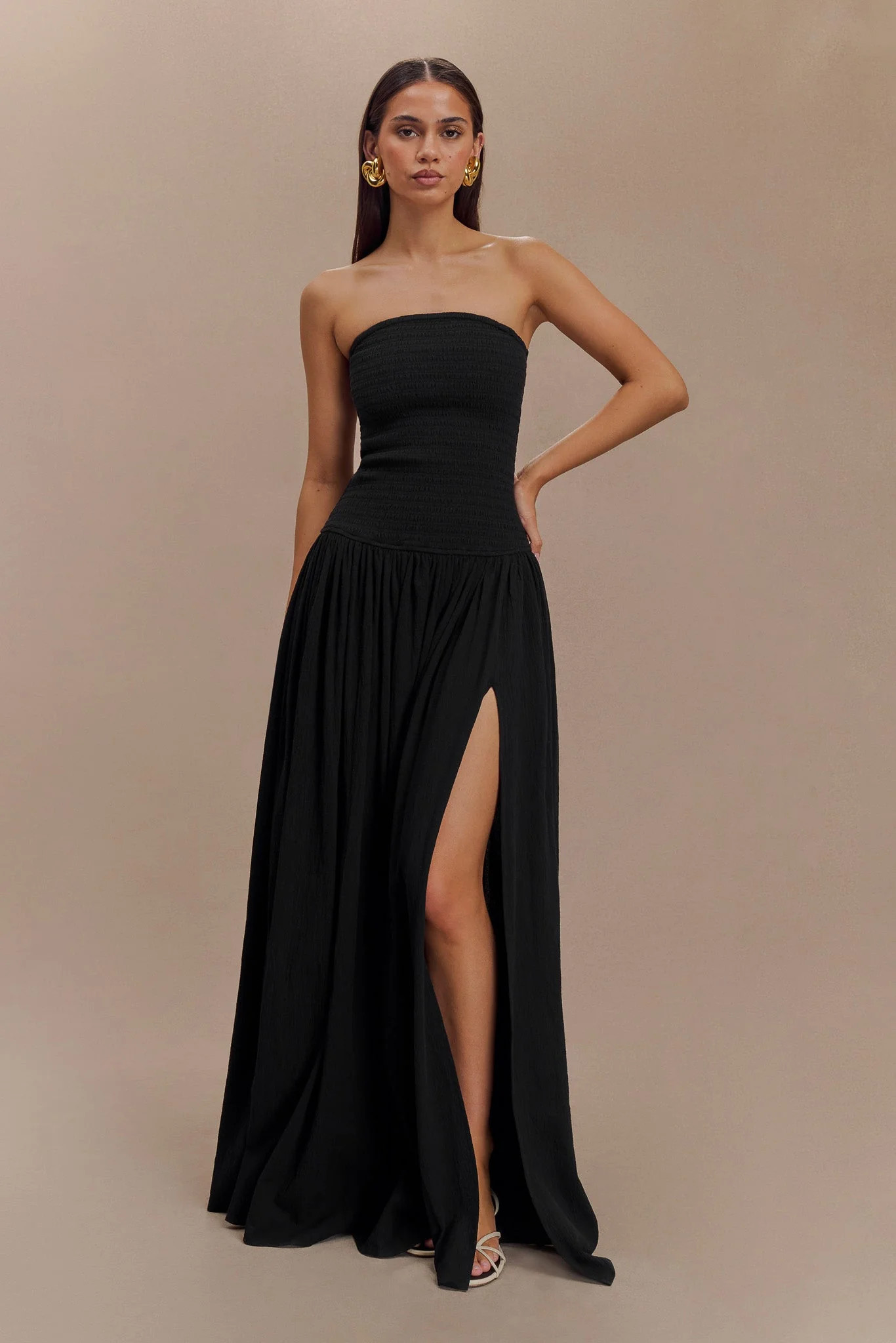 Maureen Cotton Shirring Maxi Dress - Black | MESHKI US