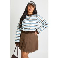 boohoo Women's Plus Stripe Crew Neck Cardigan in Blue | Size: 24 | Knitted | boohoo (US & Canada)