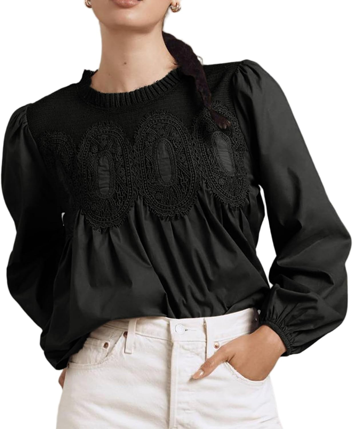VAOYIU Women Lace Poplin Ruffle Mesh Blouse Long Sleeve Crew Neck Swing Babydoll Tops Elegant Shirt with Embroidery | Amazon (US)