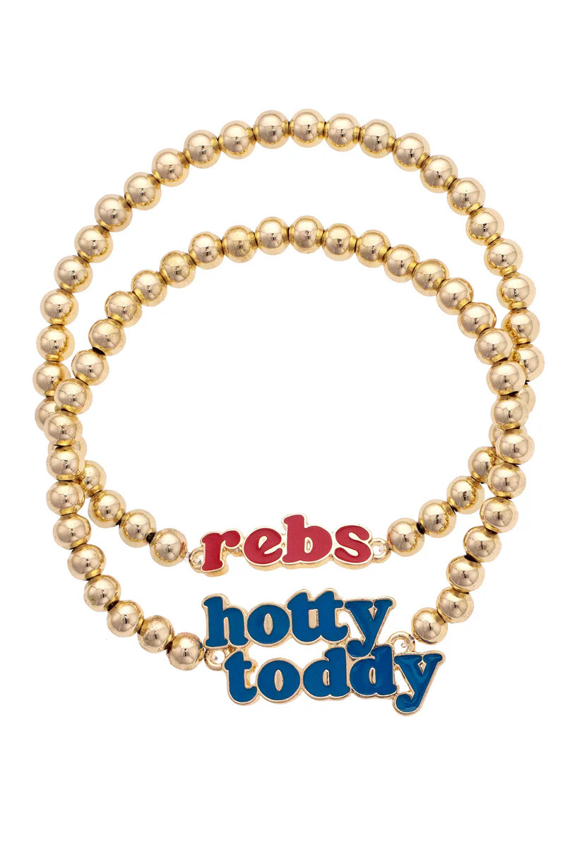 PREORDER 10/1: Ole Miss Rebels Slogan Ball Bead Bracelet Set of 2 in Red/Blue/Shiny Gold | CANVAS