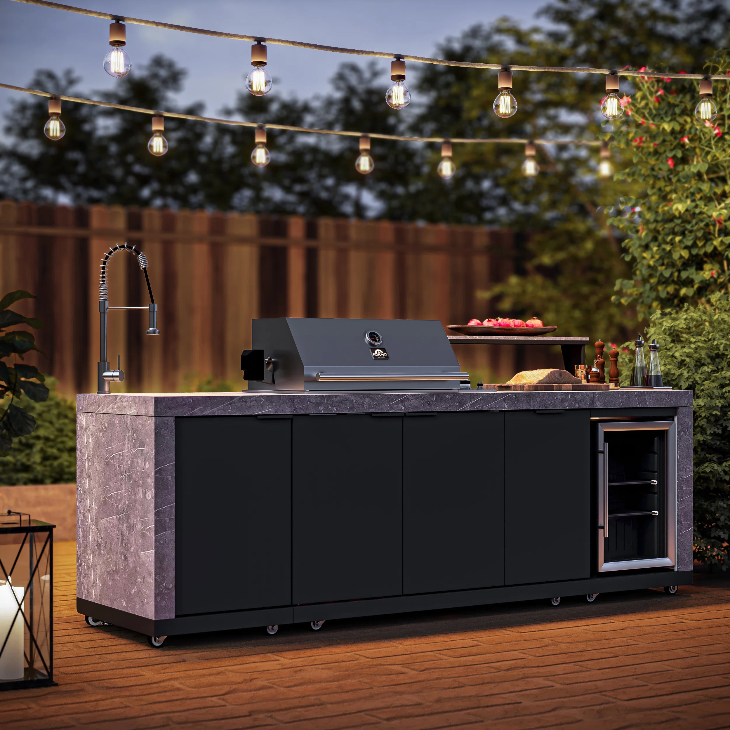 Forno Rimini Outdoor Kitchen 30" BBQ 62,600 BTU, 3 Burners with Sear & Rotisserie, 2.4 cu.ft. Beverage Center, Stainless Steel Sink, Black Cabinets & | Wayfair North America