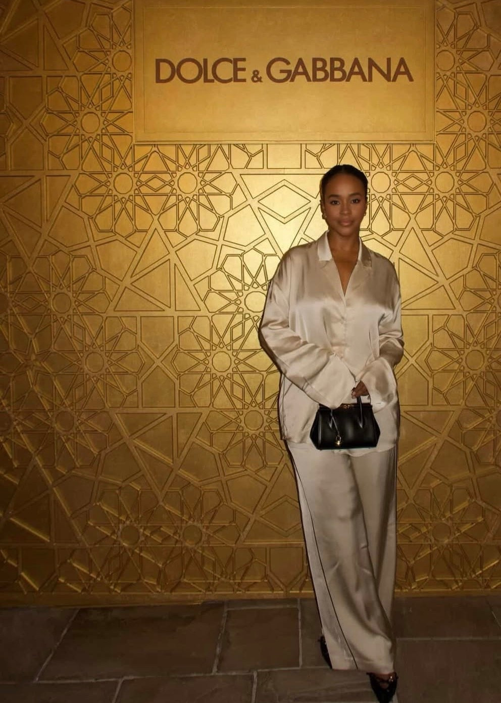 Beige satin pants set 
Black bag 
Black pumps 

#LTKPetite #LTKBeauty #LTKSpringSale