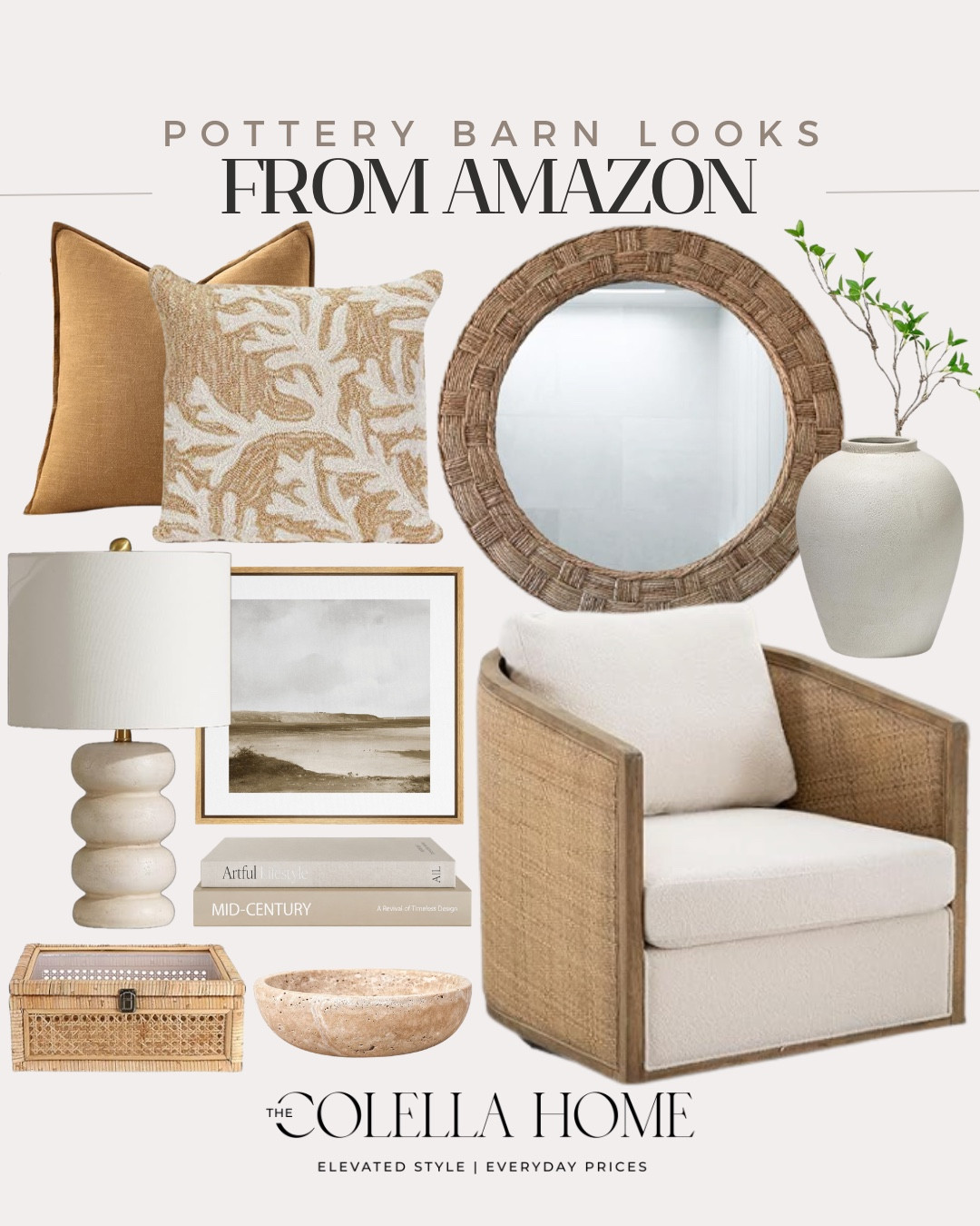 Pottery Barn looks from Amazon include throw pillows, mirror, vase, greenery stem, accent chair, wall art, decorative books, decorative bowl, decorative box, table lamp.

Home decor, designer looks for less, home accents, neutral home decor

#LTKHome #LTKSaleAlert #LTKSeasonal