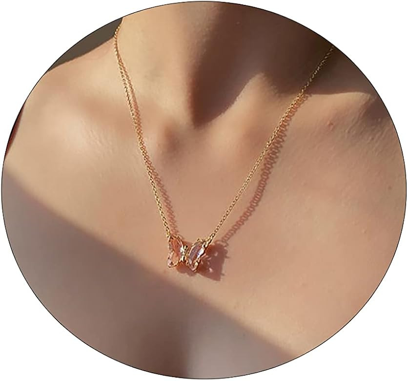 VIROMY Gold Butterfly Pendant Necklace for Women 18K Gold Plated Minimalist Cubic Zirconia Butter... | Amazon (US)