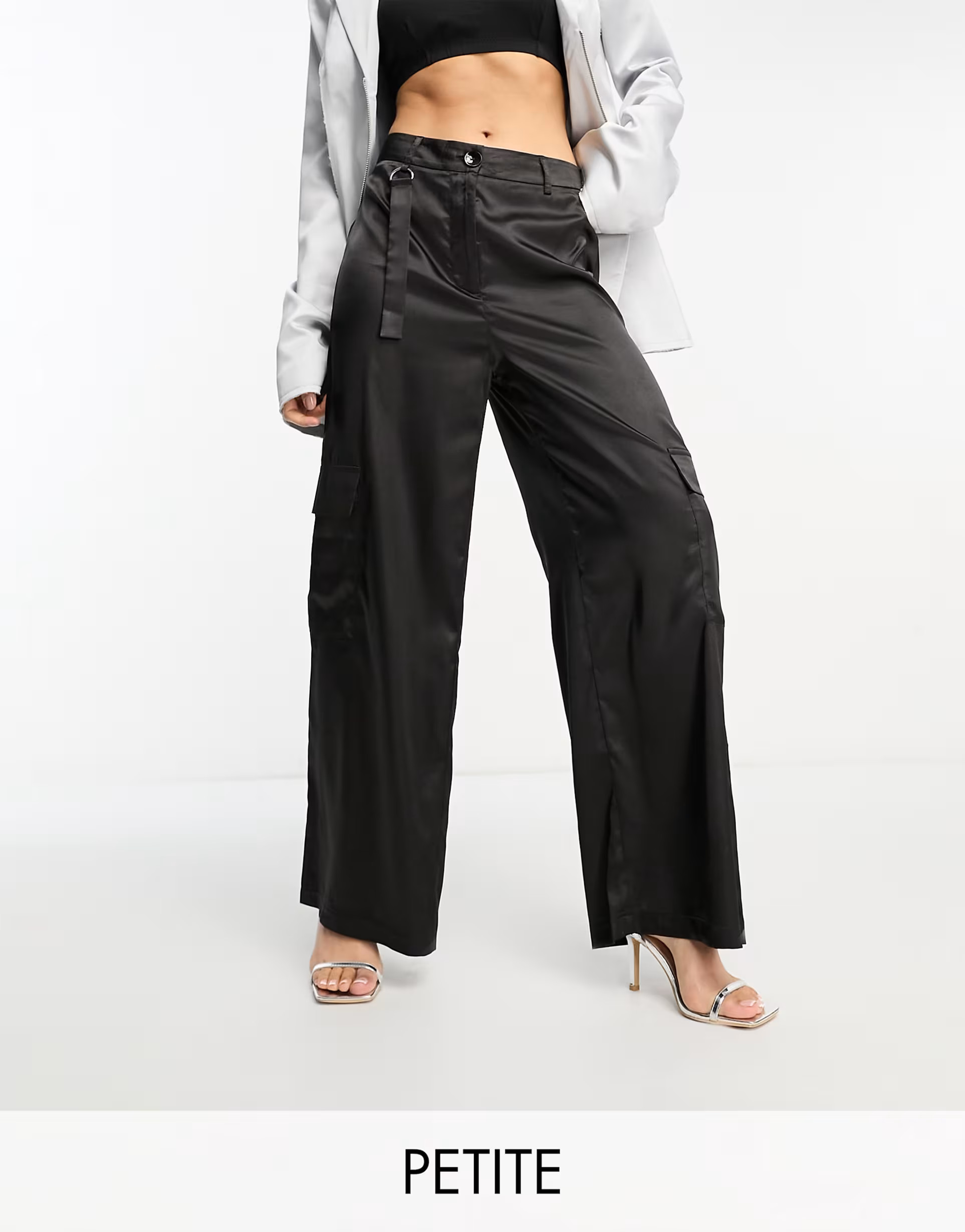 Urban Threads Petite satin wide leg cargo trousers in black | ASOS (Global)