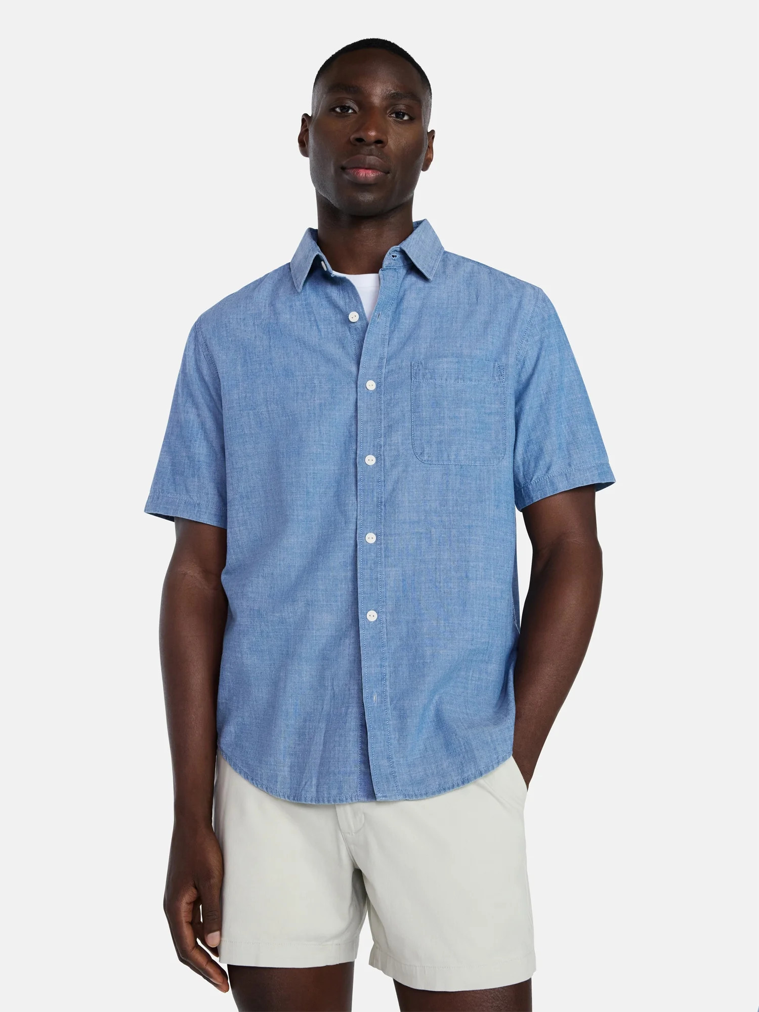 George Men's and Big Men's Chambray Poplin Button Up Shirt with Short Sleeves, Sizes M-2XL | Walmart (US)